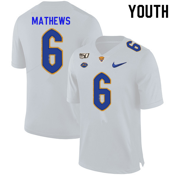 2019 Youth #6 Aaron Mathews Pitt Panthers College Football Jerseys Sale-White